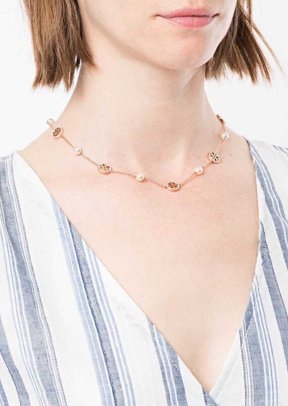 Tory Burch Crystal Pearl Logo Necklace 