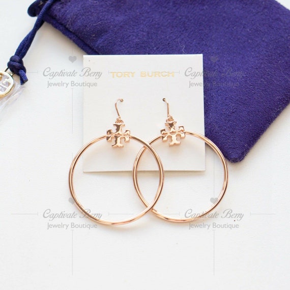Tory Burch Stacked-t Logo Hoop Earring Rose Gold NWT - Etsy Israel
