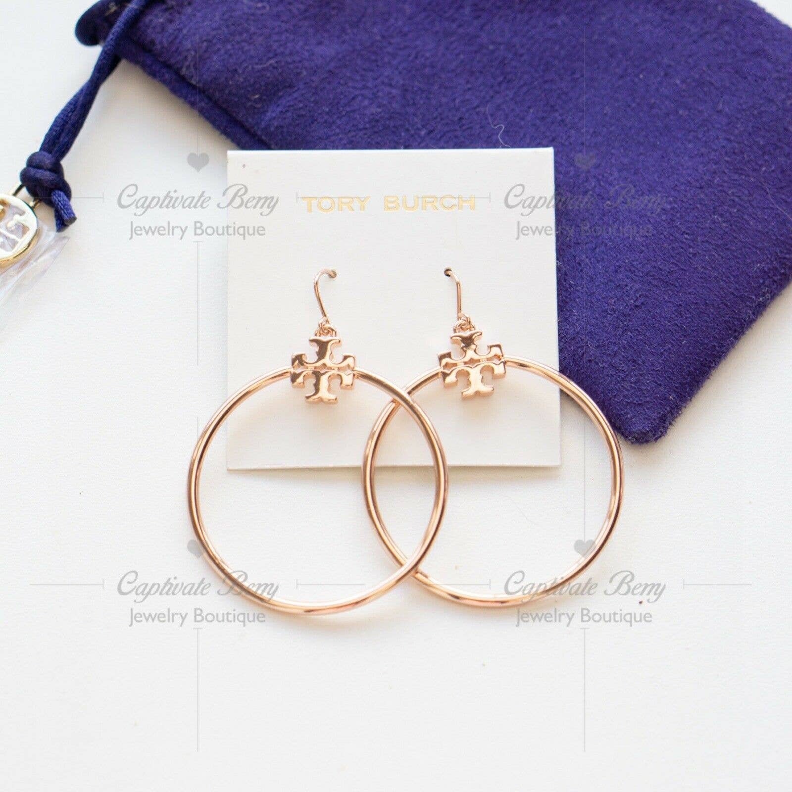 Tory Burch Stacked-t Logo Hoop Earring Rose Gold NWT - Etsy Canada