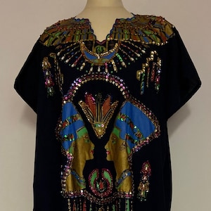Vintage 80s Women's Caftan | Sequin & Pearl Embellished Cotton Loungewear for Beach or Home
