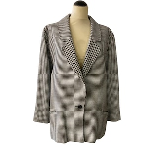 Women&#39;s Vintage 80&#39;s black and white houndstooth wool blazer | box Silhouette | size M/L