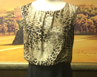 Vestido de verano vintage de seda estilo años 90 para mujer / Falda negra con top estampado animal / Talla 36/38