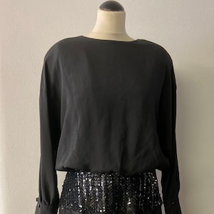 Womens Ladies Vintage Dress | Classic Dinner Dress | 80s Black Wool with Sequin Embellishment | Size 10