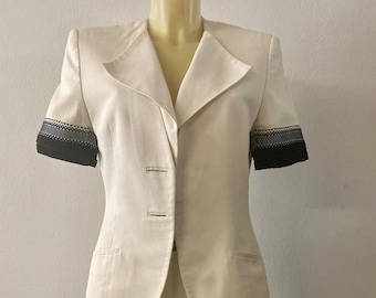 Vintage 1980s Women's White Suit Set | High Waist Pants + Short Sleeve Jacket | Size S