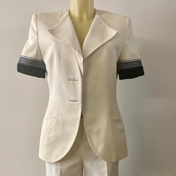 Vintage 1980s Women's White Suit Set | High Waist Pants + Short Sleeve Jacket | Size S