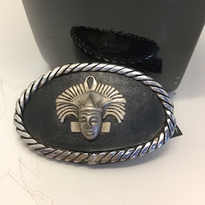 Handcrafted Belt Buckle with Aztec Design | Silver on Black Leather | Belt Accessory