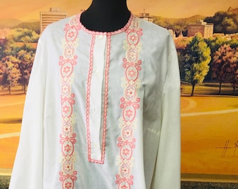 Camisón vintage de mujer de los años 70 / Mezcla de algodón con detalles bordados / Estilo boho caftán / Talla L