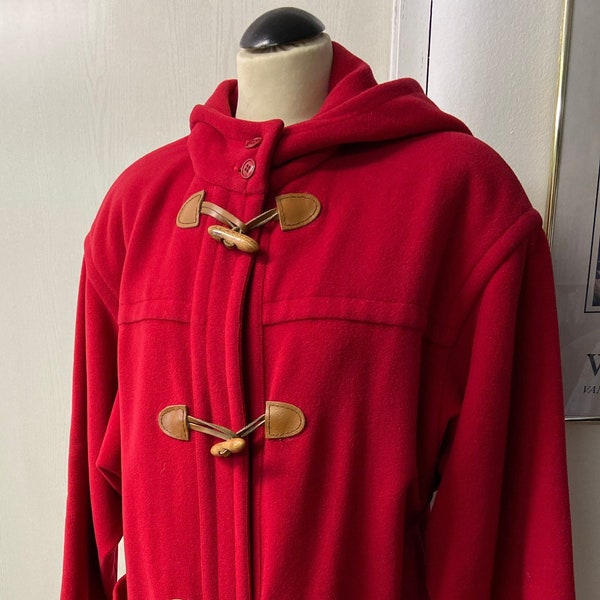 Vintage Hooded Pea Coat | Women's Red Wool Jacket  | 70's Casual Outerwear | Size 40