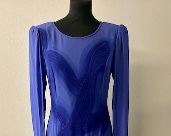 Vestido de cóctel azul vintage de los 90 para mujer, con falda amplia y fluida con bajo escalonado / Talla 38 (UE)