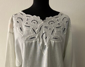 Versatile Women's White Linen Tunic | Embroidered Blouse in M/L Size