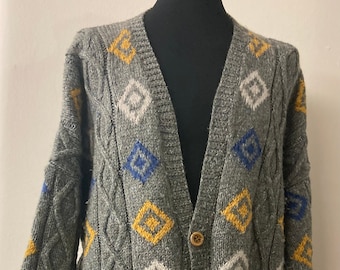 Men's 80's Vintage Hand Knit Wool Cardigan | Size L/XL Sweater Jacket