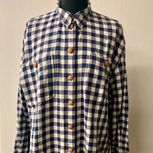 Blau-Weißes Kariertes Damen Vintage Hemd | Übergroßes Langarmshirt | Größe 42