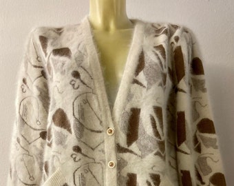 Cardigan col en V angora beige imprimé abstrait vintage des années 90 | Taille femme M/L