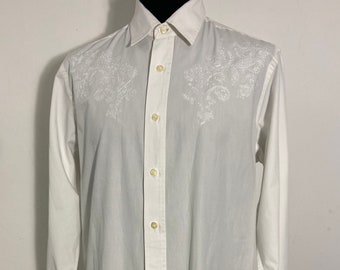 Men's Vintage 90s White Cotton Button-Up Shirt  | Stylish Stitching Detailing | Size M