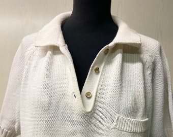 Women's Vintage White Cotton Knit Top | polo shirt sweater | Size M