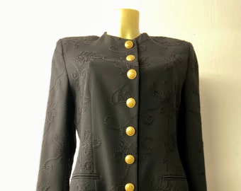 Women's Vintage 90's Black Wool Blazer | Elegant gold button Embellished Long Jacket | Size 38