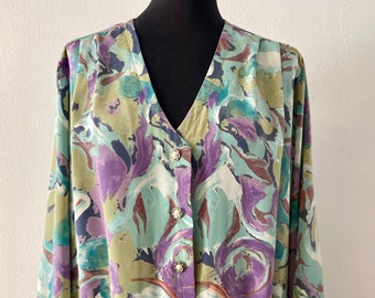 Vintage 80er Jahre abstrakte Print Bluse | Pastellfarbenes Top mit V-Ausschnitt und Taillenband | Damengröße L
