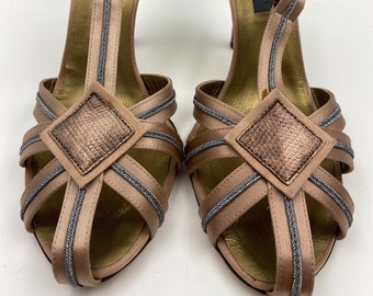 Women's Designer Alberta Ferretti 90s Vintage Strappy Sandals | Dusty Rose Satin and leather | Size EU 40.5