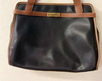 Timeless 80s Vintage Ferre Handbag | Black with Brown trim Messenger Bag | Leather Tote for Everyday use