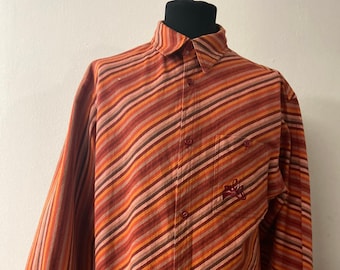 One-of-a-Kind Mens Vintage Urban Shirt | Long-Sleeved Orange Striped, Brushed Flannel Cotton Shirt | Size L
