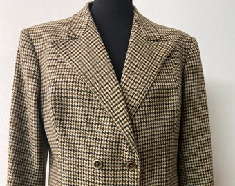Chique en stijlvolle vintage wollen blazer | Klassiek bruin en beige pied-de-poulejas dames | Maat: controleer de afmetingen