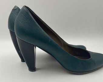 Vintage 80's Marni Green Leather Pumps for Women | Stylish High Heeled Day Shoe | EU Size 41