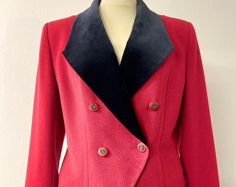 Lovely Special Events Outfit | Women's Elegant Suit | Navy Blue Velvet Skirt & Red Wool Cropped Jacket | Size 12