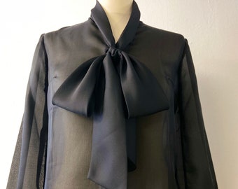 Chic Women's Vintage Blouse | Sheer Black Bow Tie | bracelet Sleeve | Size M/L