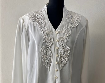 Prachtige vintage jaren '80 witte blouse | Elegant kantdetail | Maat M/L