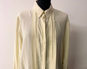Elegant Vintage Silk Shirt for Women | Eggshell Hue | Pleated Front | Size M