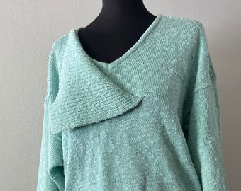 Frauen Vintage Mintgrün Pullover | Langarm Baumwollstrick Top | Grösse M/L
