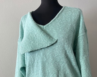 Women's Vintage Mint Green Pullover | Long Sleeve Cotton Knit Top | Size M/L