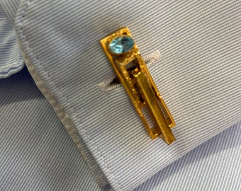 Stand Out with These Men's Gold Hued Cufflinks with Blue Stone Inset | A Unique Addition to Your Wardrobe