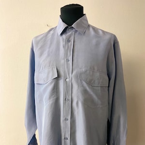 Men&#39;s Vintage 90s Blue Silk Button-Up Shirt by Cherie  | Stylish dress shirt | Size L