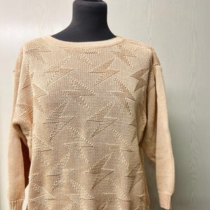 Women&#39;s Vintage Pale peach Cotton Knit Top | Hand Knit Sleeved Pullover | Size M/L