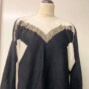 Vintage Black wool Knit Women&#39;s Sweater | Cozy Long Sleeve Pullover with angora and lame embellishment | Size M/L