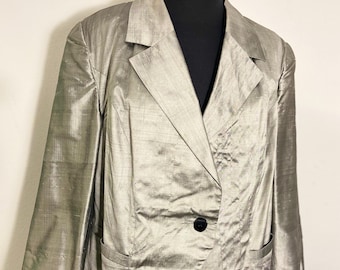 Vintage zilveren zijden blazer uit de jaren 80 voor dames | Oversized pasvorm | Maat 18