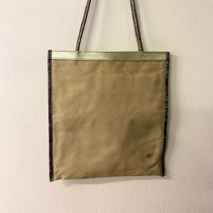 Unique 90s Vintage Tote Bag by Marjeta Grošelj | Beige Canvas with Stunning Gold and Multi-Hued Leather Detailing