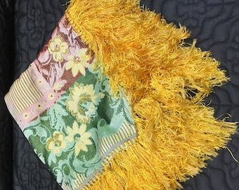 Boho Chic Folk Scarf | Silk Blend Fringed Shawl with a Floral Pattern | Gift for Her