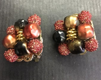 Pendientes retro vintage con clip / Llamativa bisutería multicolor para damas