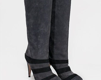 Women's Designer Boots by G.F. Ferre | Grey Boots with Black Leather Trim | Heeled Dress Boots | Size EU 37