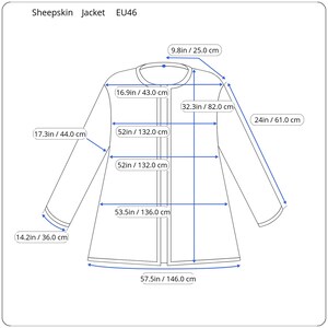 May include: A white sheepskin jacket with measurements in inches and centimeters. The jacket has a long sleeve, a collar, and a front zipper closure.