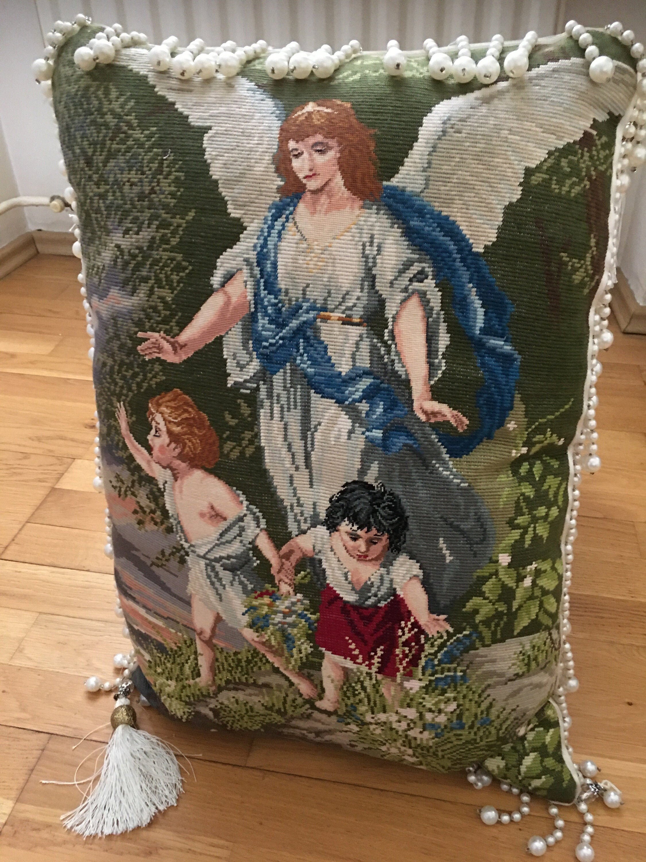 Vintage Needlepoint Pillow Guardian angel motif Cushion Etsy