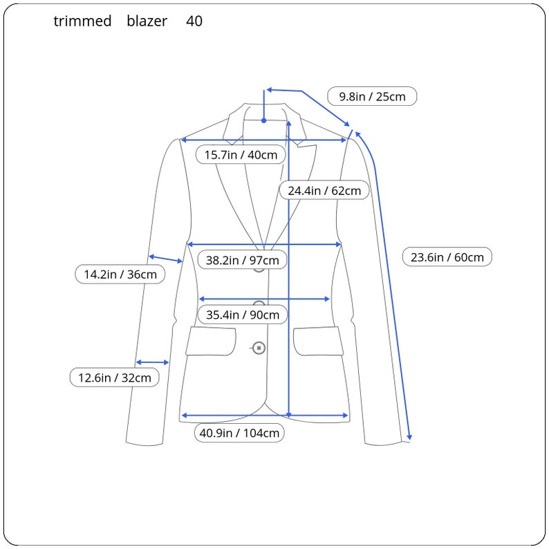 Puede incluir: Un diagrama que muestra las medidas de una chaqueta en pulgadas y cent&iacute;metros. La chaqueta es talla 40. Las medidas incluyen el ancho de los hombros, el pecho, la longitud de la manga y la longitud total.