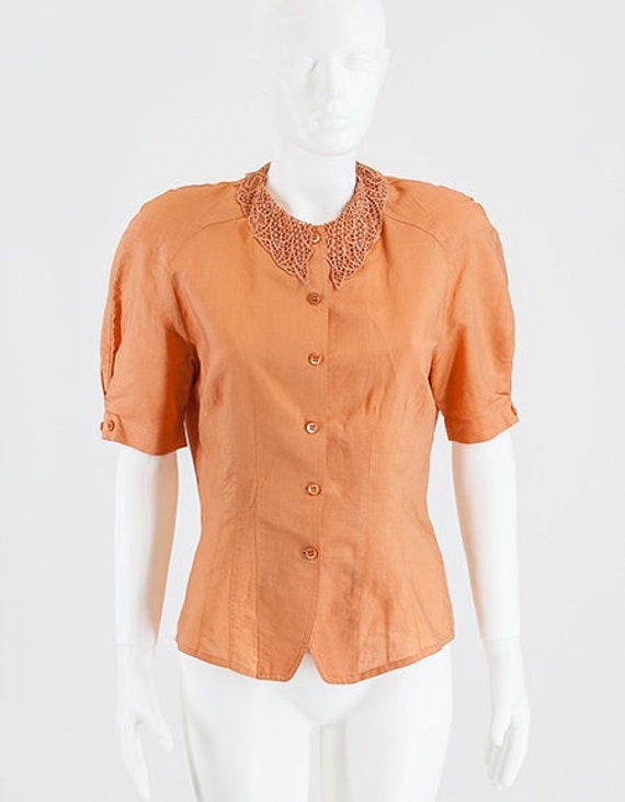 Vintage 80's Ladies Linen Blouse with Delicate Lace Collar Perfect for Summer! Size 8