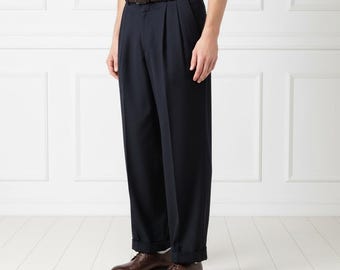 Herren Vintage 80er Jahre Marine Bundfaltenhose aus Wolle von John Harris | Herren Anzughose | Größe 52