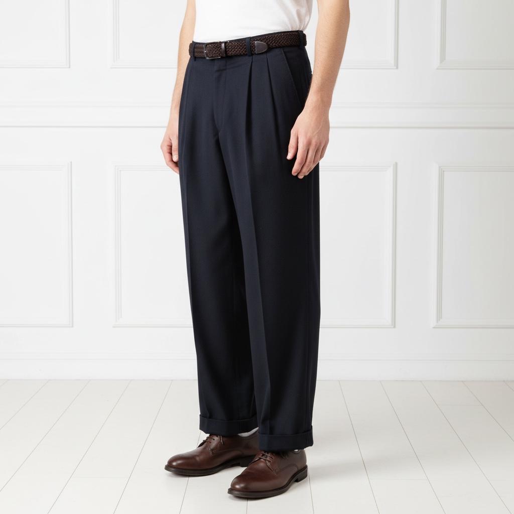 Men's Vintage 80s Navy Pleated Wool Trousers by John Harris