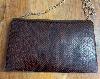 Large Snakeskin Clutch Handbag | Vintage 1980's Brown Leather Purse with Gold Chain Link Strap