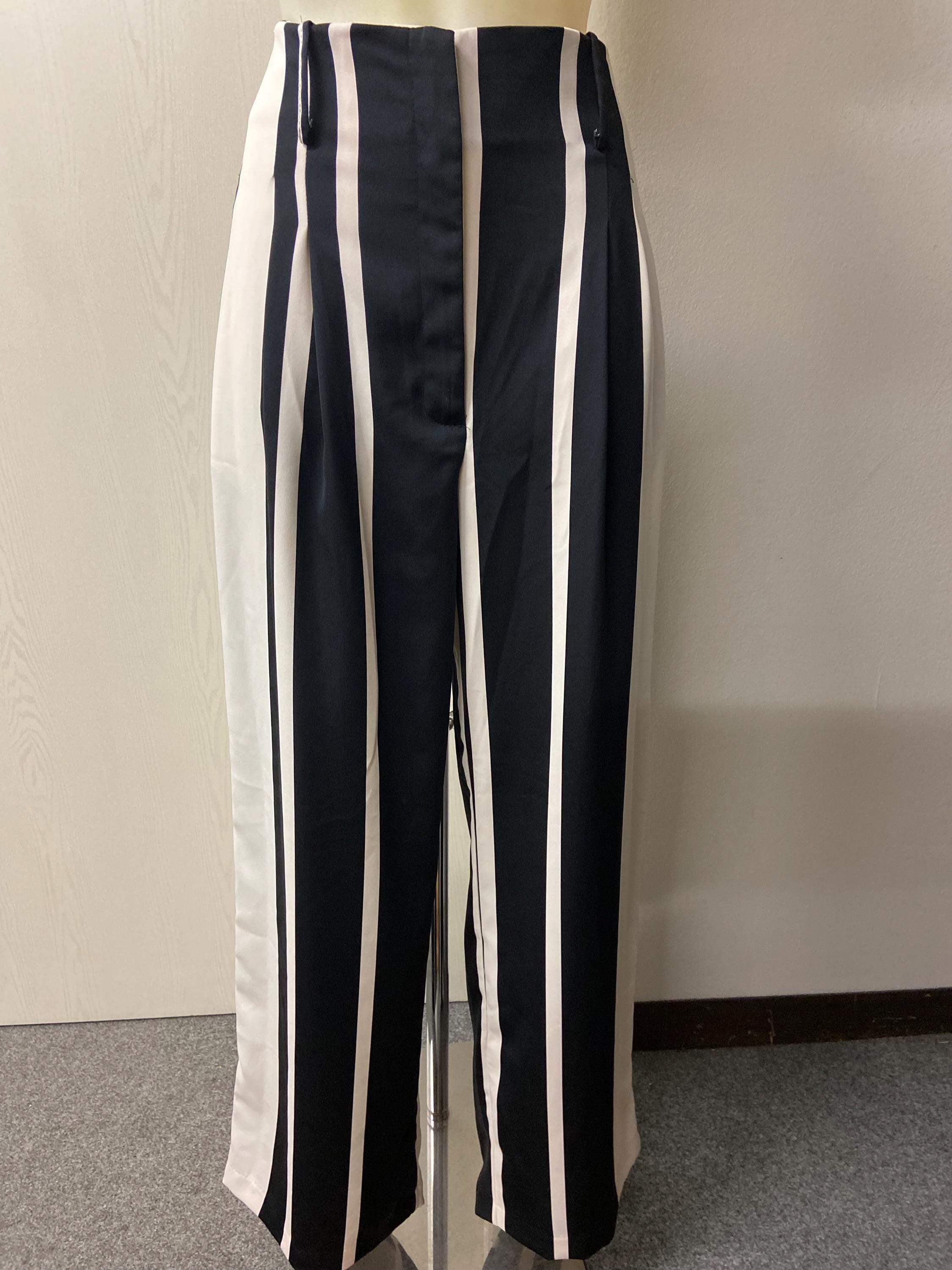 Womens Vintage 80s Black and White Striped Pants | High Rise