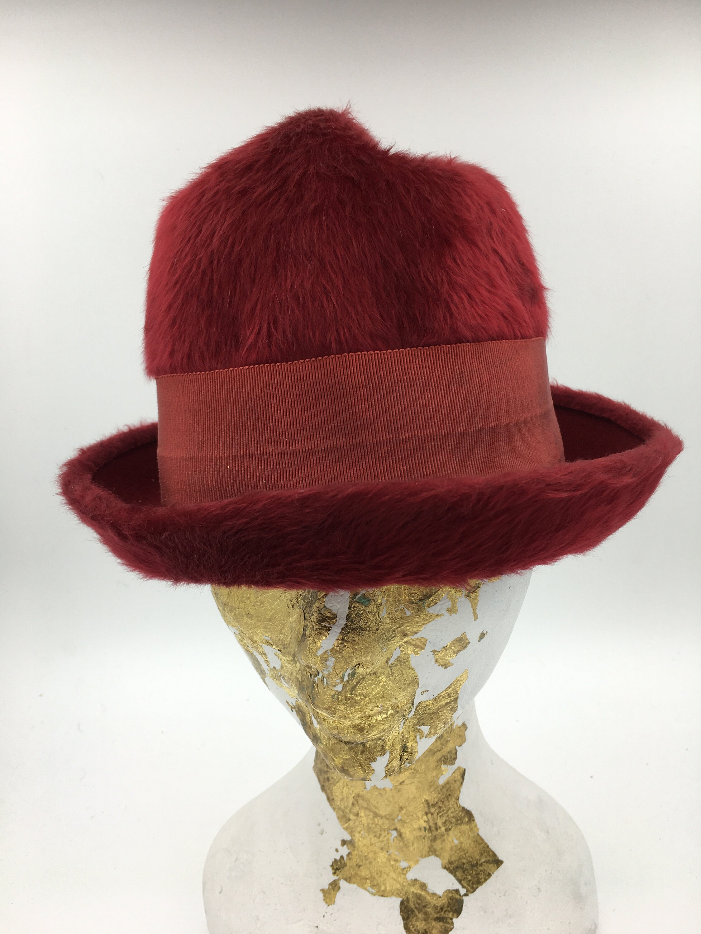Womens Vintage Red Rabbit Fur Felted Beehive Hat With Upturned